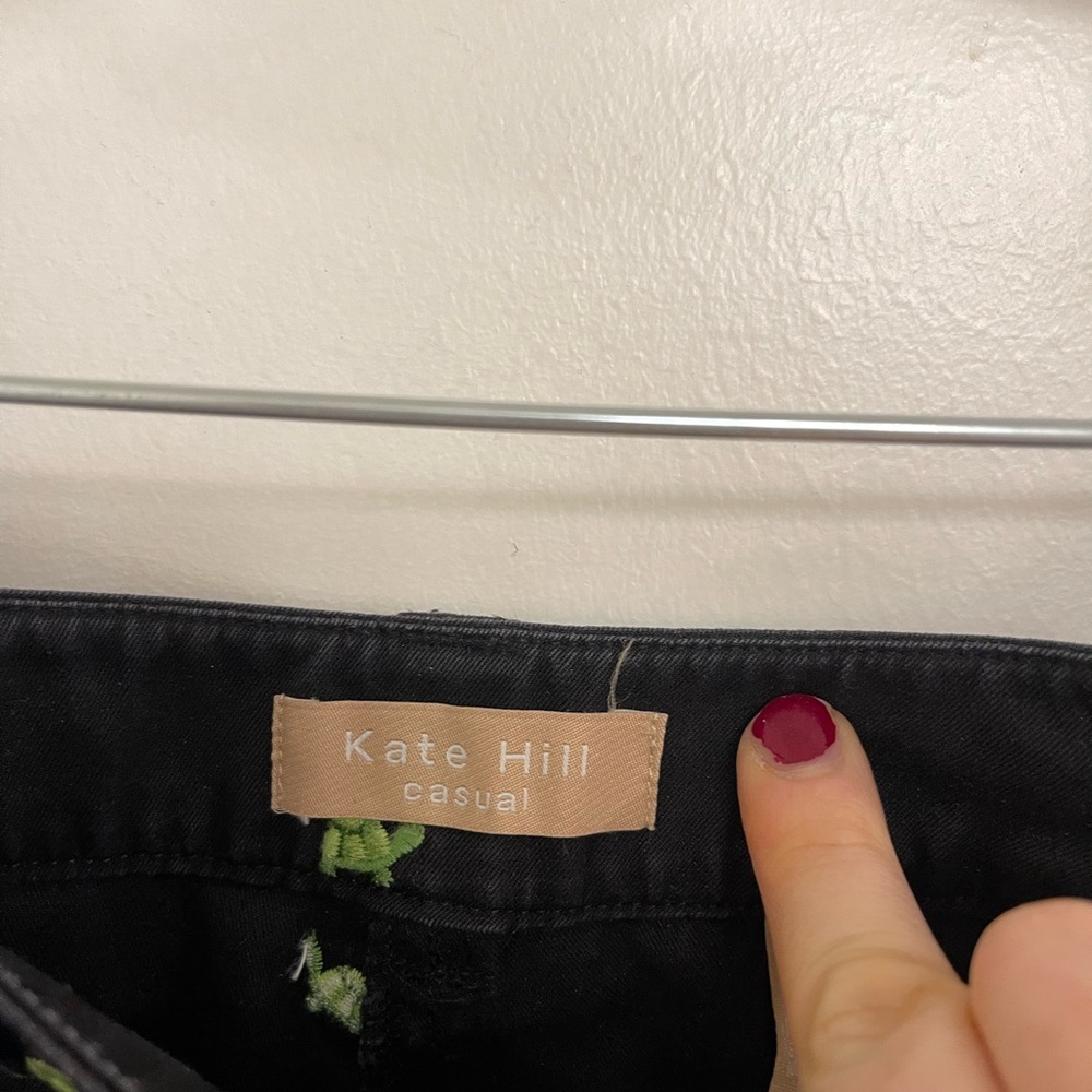 Kate Hill Cotton Black Ankle Pants Green Turtle Embroidery Grandpacore Coastal - Picture 3 of 5